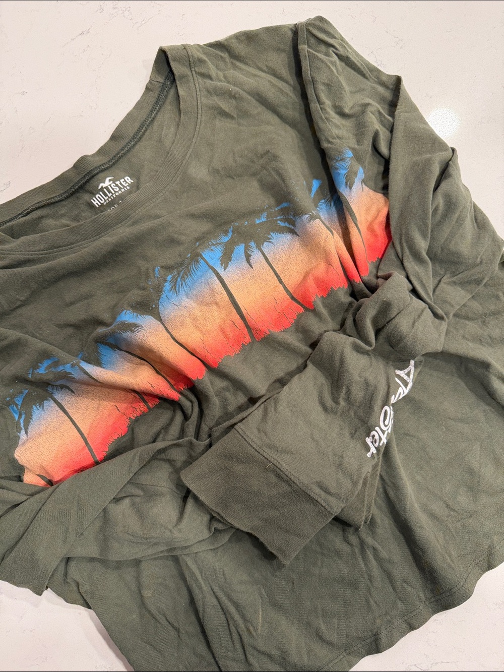 Hollister Olive Long Sleeve Tee with Sunset Palm Graphic